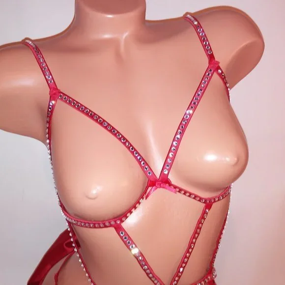 Victoria Secret Lingerie Teddy One Piece XL Red Silver Bling Studded Strappy Ver
